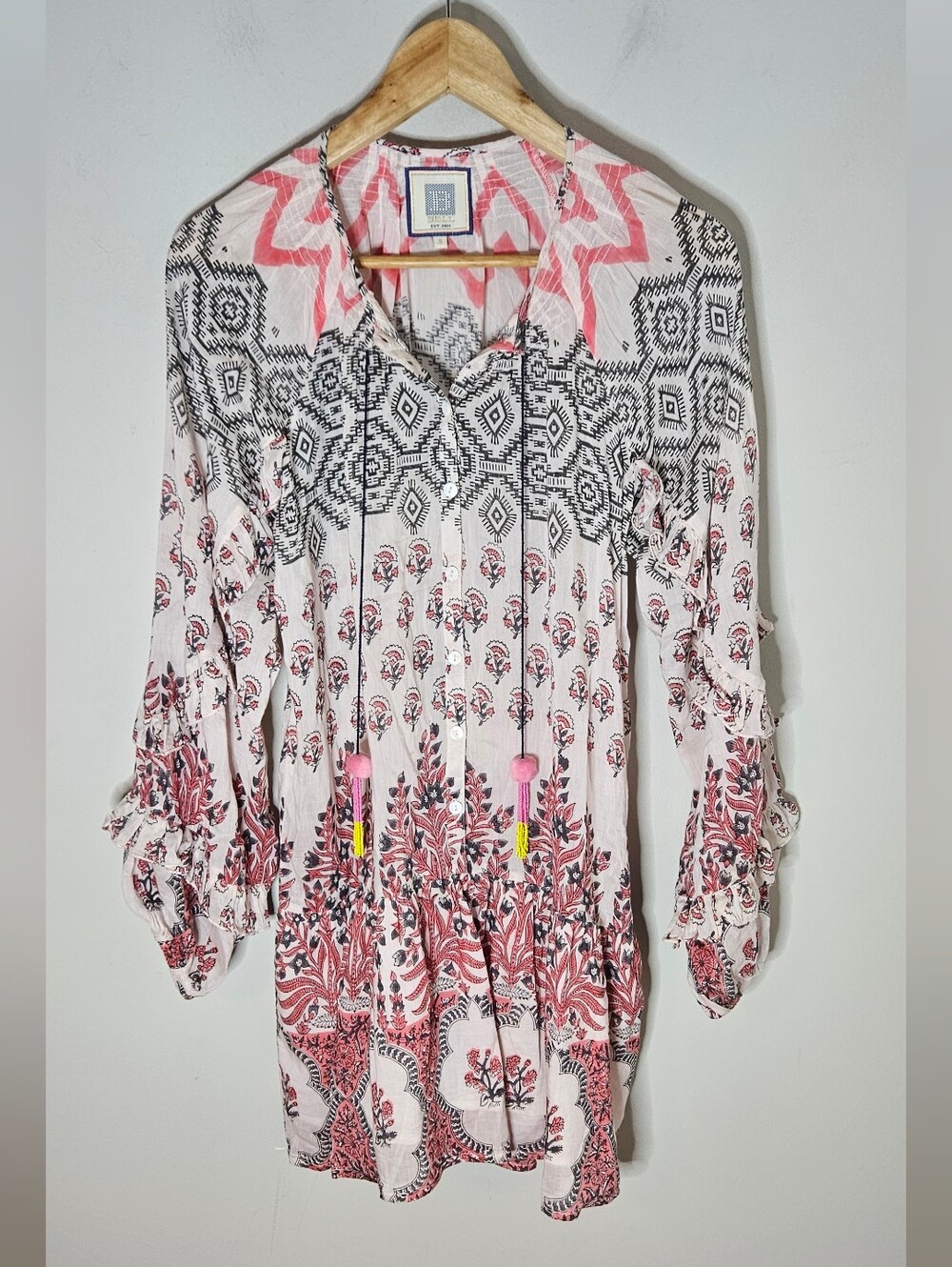 Bell By Alicia Bell Cotton Silk Mini Dress Long Sleeve Blockprint Red Gray S